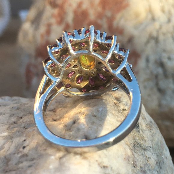 Genuine Opal & Garnet Halo Ring .925 Sterling Silver Natural Gemstones Sz 5 or 7 - Picture 5 of 16